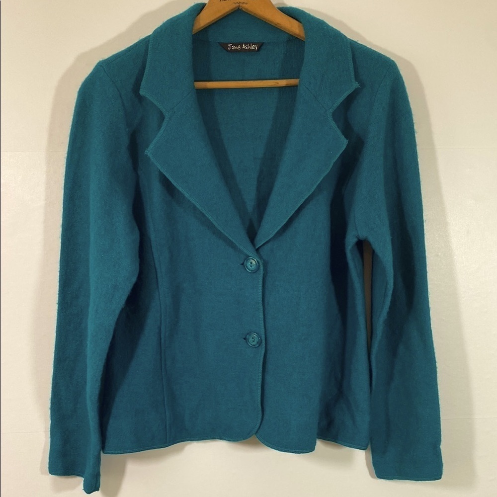 Jane Ashley Wool Blend Turquoise Cardigan Sweater Blazer Size L